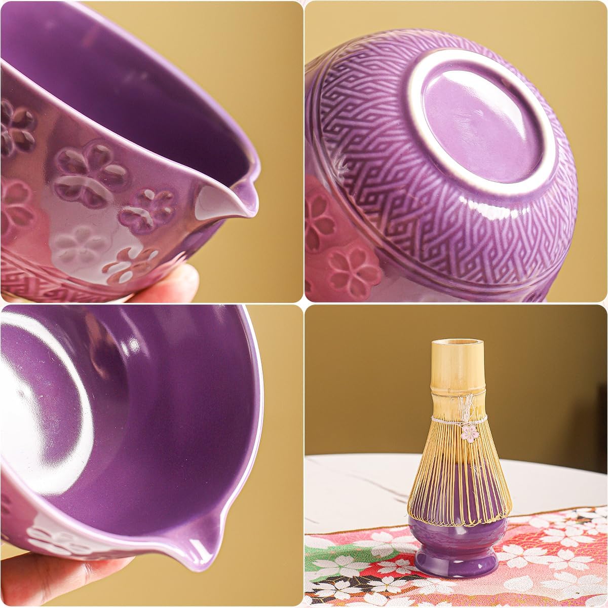 8-Piece Matcha Ceremony Set - Tea Kit with Cherry Blossom Bowl, Bamboo Whisk, Wood Scoops, Tea Cloth & Floral Display - Gift-Ready Pink Cherry color box (Purple;)