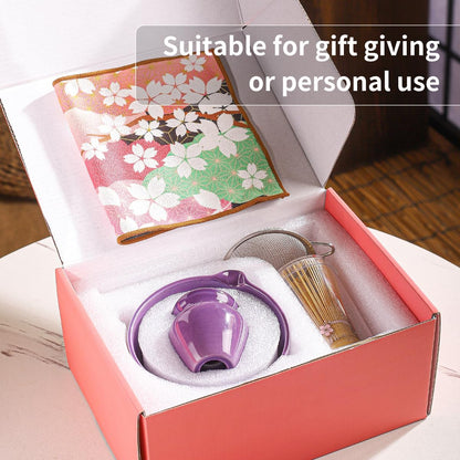 8-Piece Matcha Ceremony Set - Tea Kit with Cherry Blossom Bowl, Bamboo Whisk, Wood Scoops, Tea Cloth & Floral Display - Gift-Ready Pink Cherry color box (Purple;)