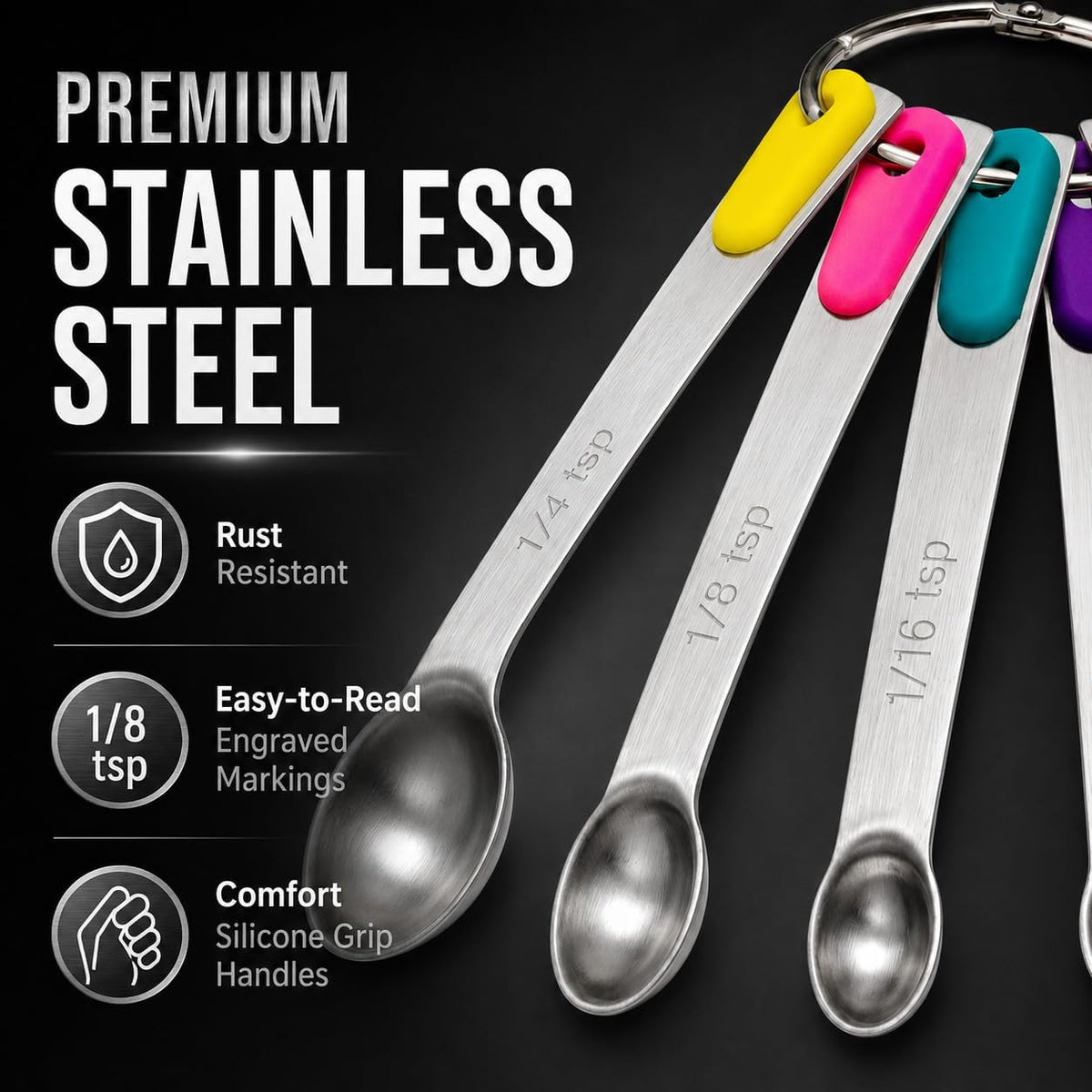 Stainless Steel Mini Measuring Spoons Set of 5 – Precise Teaspoon Measuring Tools 1/64, 1/32, 1/16, 1/8, 1/4 Tsp – Small Spice Measuring Spoons with Silicone Grip Handles & Storage Ring