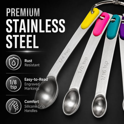 Stainless Steel Mini Measuring Spoons Set of 5 – Precise Teaspoon Measuring Tools 1/64, 1/32, 1/16, 1/8, 1/4 Tsp – Small Spice Measuring Spoons with Silicone Grip Handles & Storage Ring
