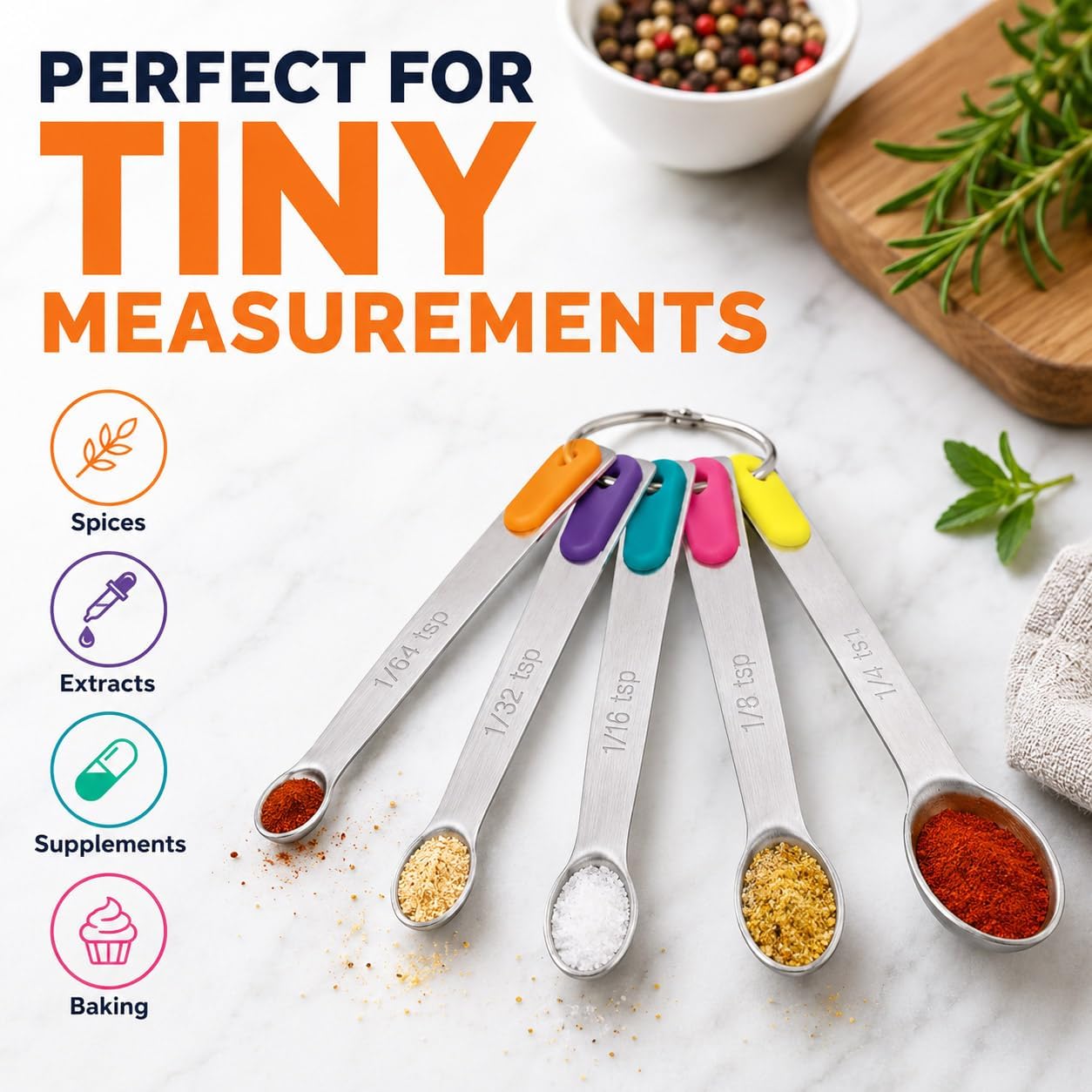 Stainless Steel Mini Measuring Spoons Set of 5 – Precise Teaspoon Measuring Tools 1/64, 1/32, 1/16, 1/8, 1/4 Tsp – Small Spice Measuring Spoons with Silicone Grip Handles & Storage Ring