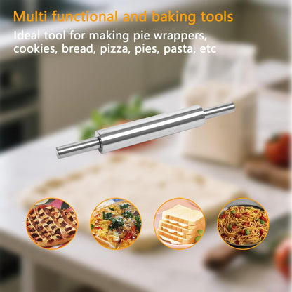 17-Inch 18/8 Stainless Steel Rolling Pin - Metal Dough Roller for Baking, Pizza, Chapati & Cookies - Non-Slip Handles, Dishwasher Safe