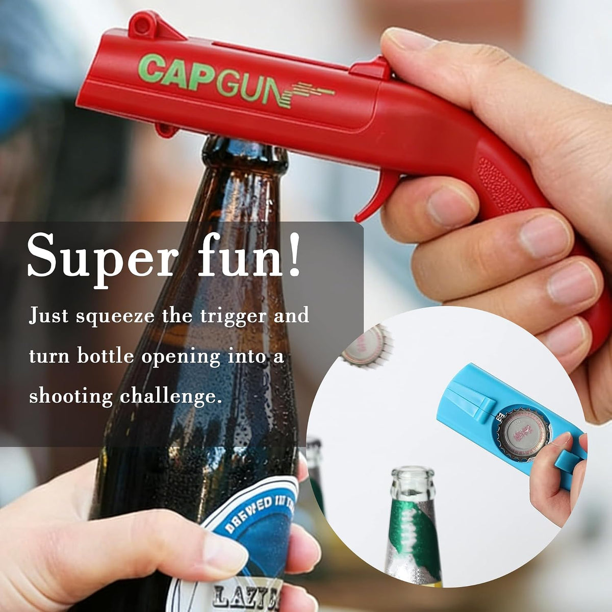 Cap Gun Bottle Opener, 2 Pack Bottle Cap Launcher Shooting Gun, Funny Party Opener for Men, Cool Gadget Present for Him - Blue & Red