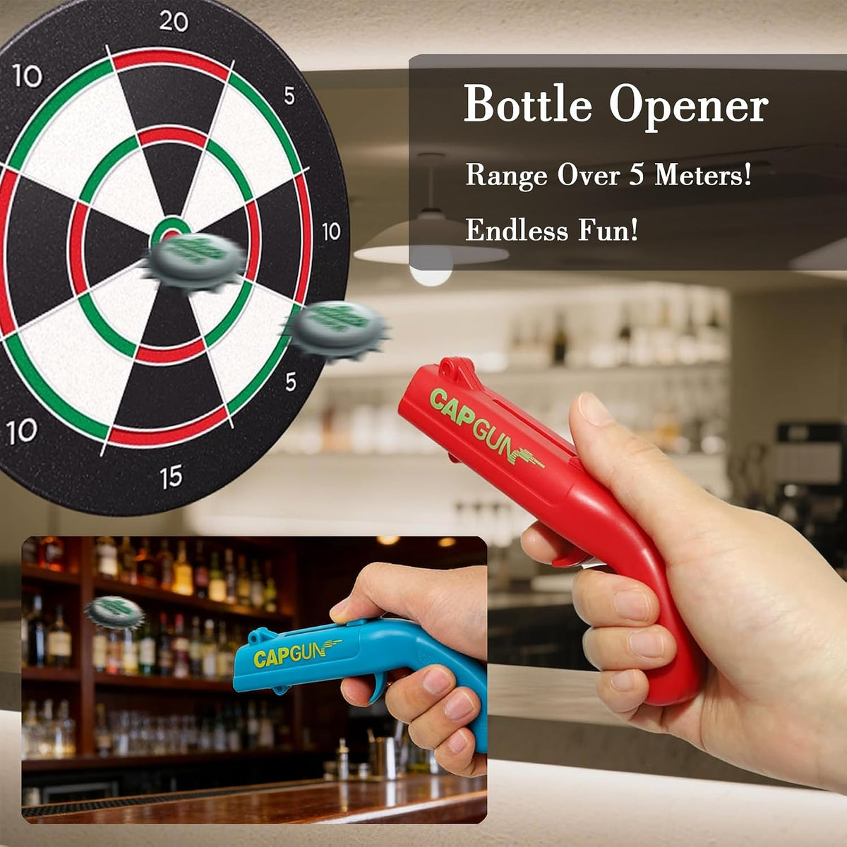 Cap Gun Bottle Opener, 2 Pack Bottle Cap Launcher Shooting Gun, Funny Party Opener for Men, Cool Gadget Present for Him - Blue & Red