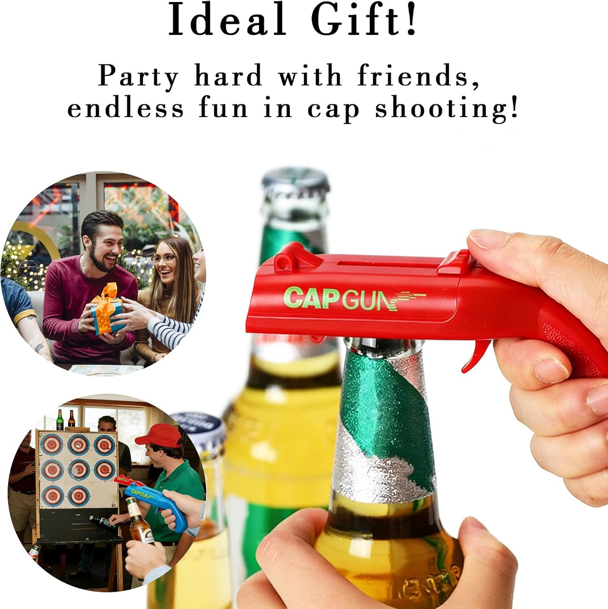 Cap Gun Bottle Opener, 2 Pack Bottle Cap Launcher Shooting Gun, Funny Party Opener for Men, Cool Gadget Present for Him - Blue & Red