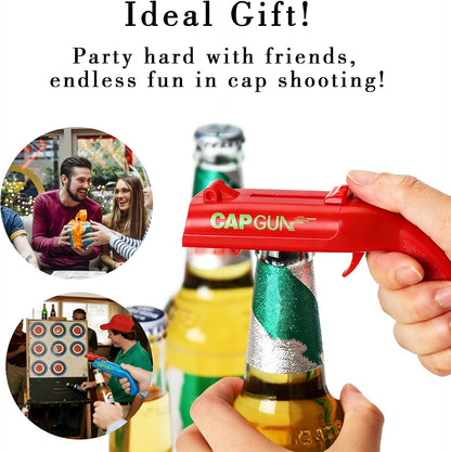 Cap Gun Bottle Opener, 2 Pack Bottle Cap Launcher Shooting Gun, Funny Party Opener for Men, Cool Gadget Present for Him - Blue & Red