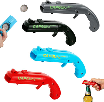 Cap Gun Bottle Opener, 2 Pack Bottle Cap Launcher Shooting Gun, Funny Party Opener for Men, Cool Gadget Present for Him - Blue & Red