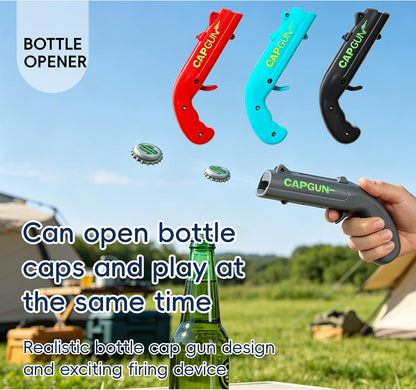 Cap Gun Bottle Opener, 2 Pack Bottle Cap Launcher Shooting Gun, Funny Party Opener for Men, Cool Gadget Present for Him - Blue & Red