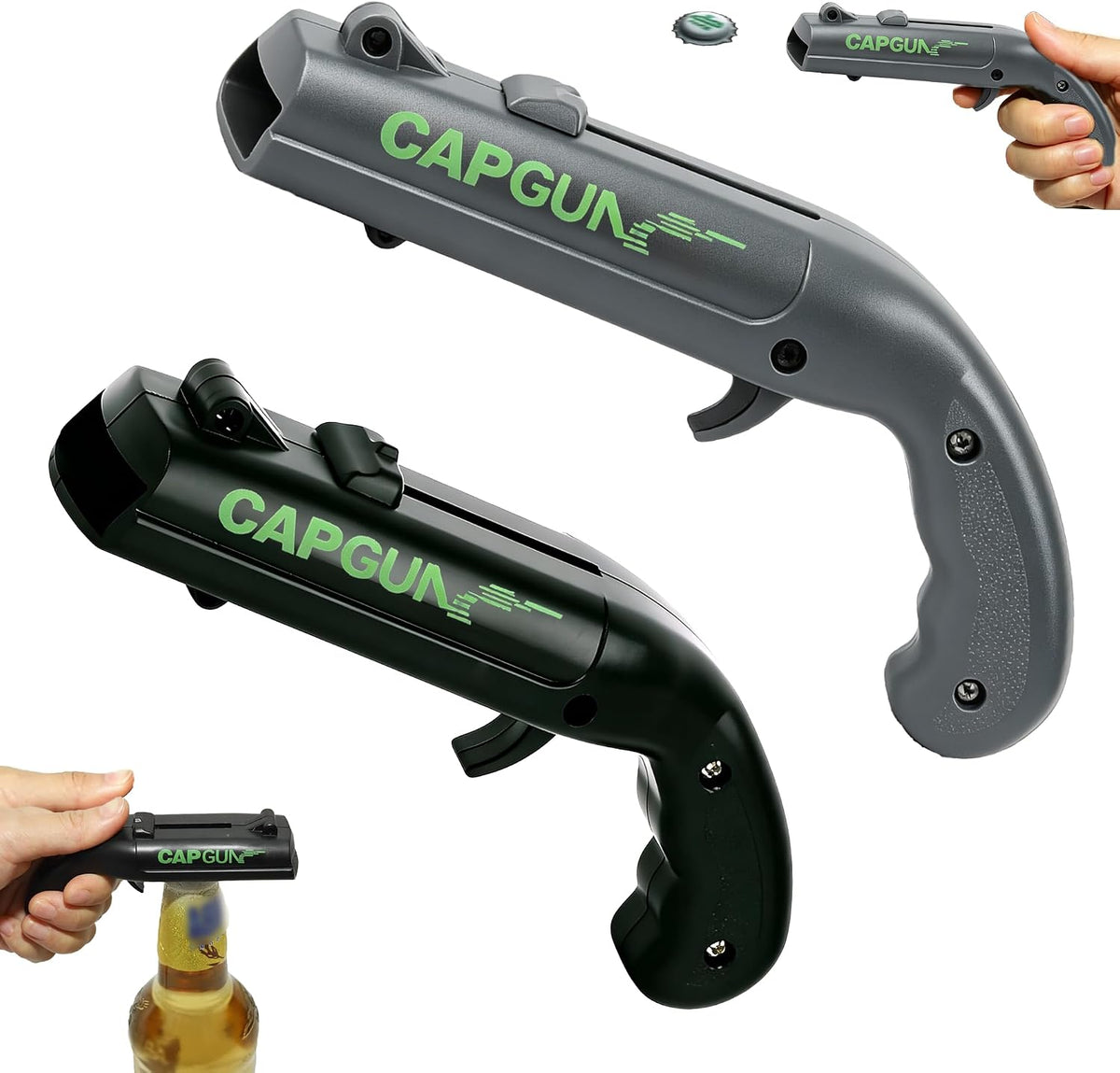 Cap Gun Bottle Opener, 2 Pack Bottle Cap Launcher Shooting Gun, Funny Party Opener for Men, Cool Gadget Present for Him - Blue & Red