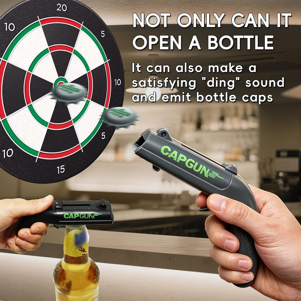 Cap Gun Bottle Opener, 2 Pack Bottle Cap Launcher Shooting Gun, Funny Party Opener for Men, Cool Gadget Present for Him - Blue & Red