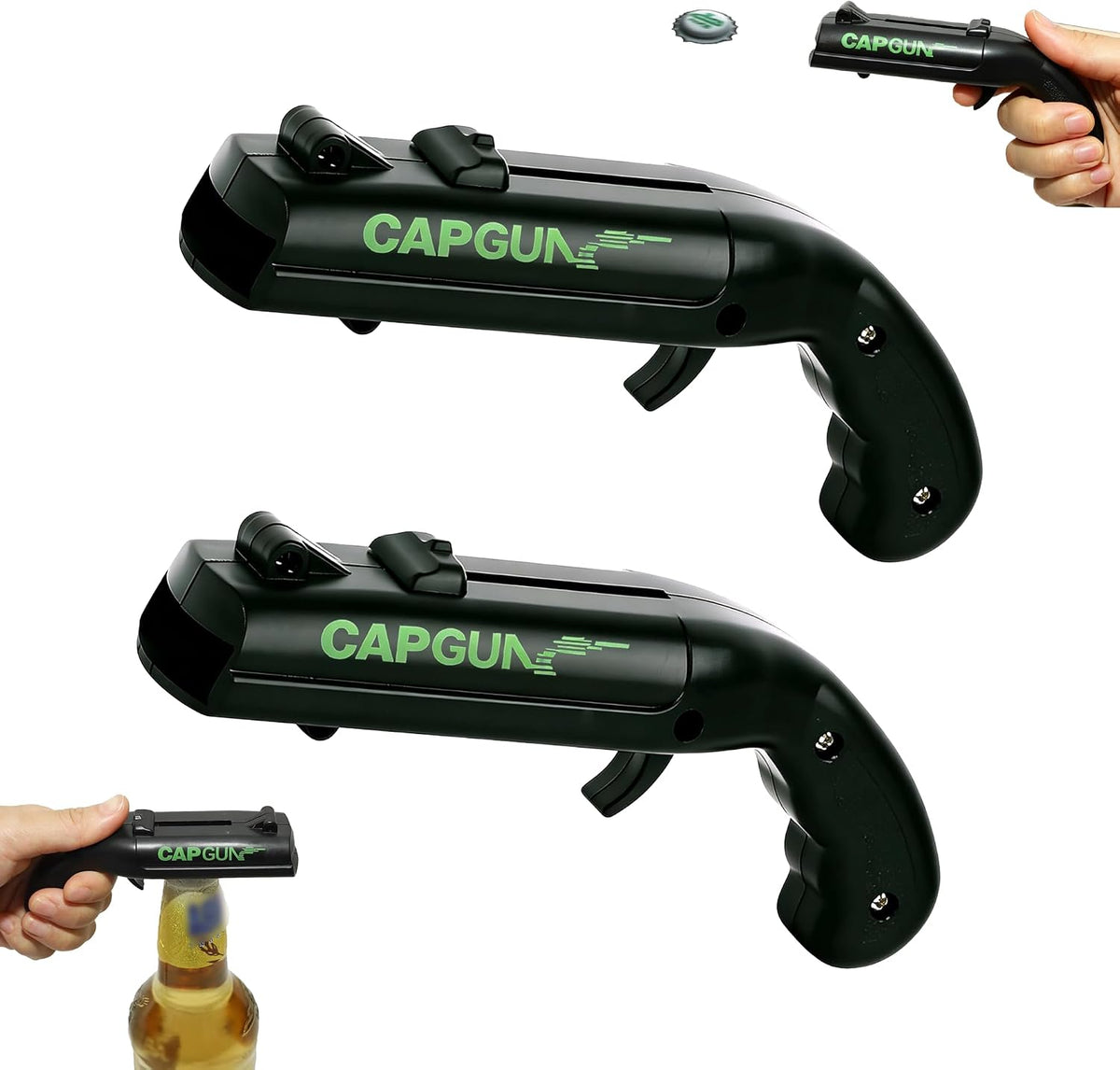 Cap Gun Bottle Opener, 2 Pack Bottle Cap Launcher Shooting Gun, Funny Party Opener for Men, Cool Gadget Present for Him - Blue & Red