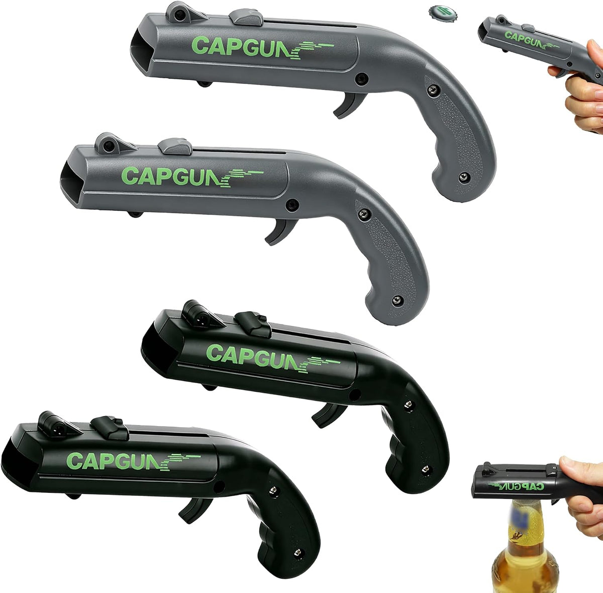 Cap Gun Bottle Opener, 2 Pack Bottle Cap Launcher Shooting Gun, Funny Party Opener for Men, Cool Gadget Present for Him - Blue & Red