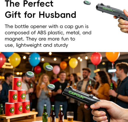 Cap Gun Bottle Opener, 2 Pack Bottle Cap Launcher Shooting Gun, Funny Party Opener for Men, Cool Gadget Present for Him - Blue & Red