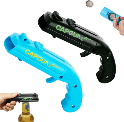 Cap Gun Bottle Opener, 2 Pack Bottle Cap Launcher Shooting Gun, Funny Party Opener for Men, Cool Gadget Present for Him - Blue & Red