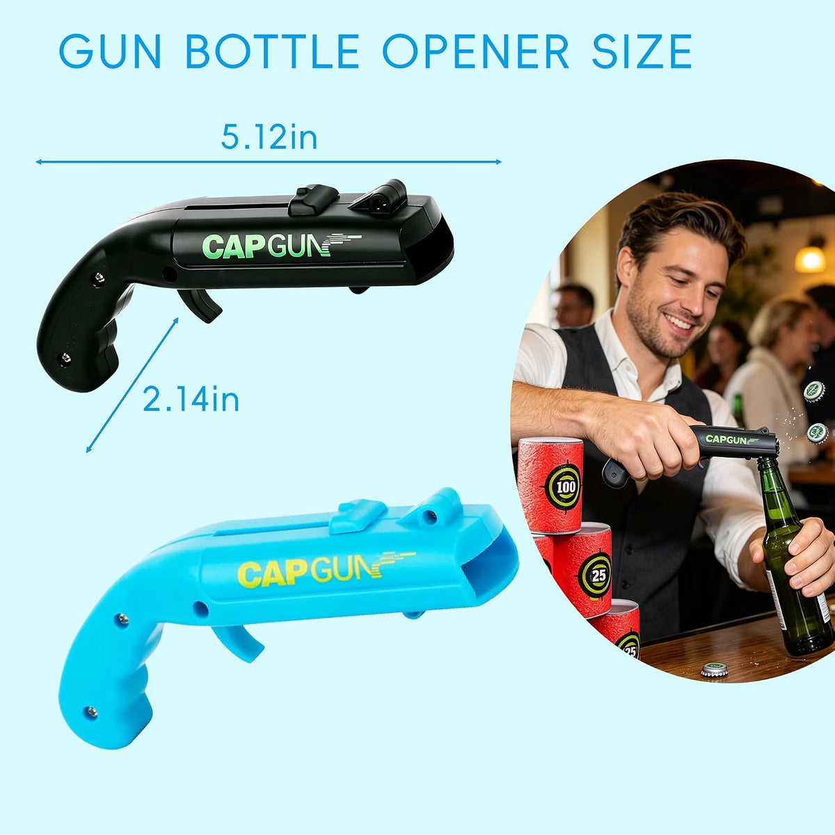 Cap Gun Bottle Opener, 2 Pack Bottle Cap Launcher Shooting Gun, Funny Party Opener for Men, Cool Gadget Present for Him - Blue & Red