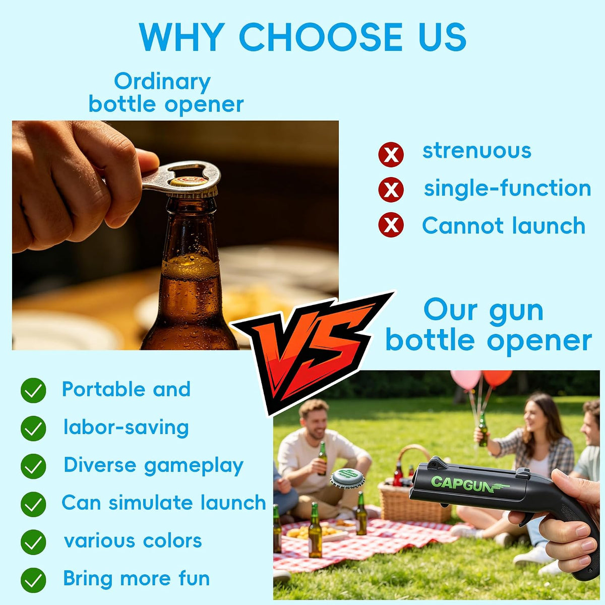 Cap Gun Bottle Opener, 2 Pack Bottle Cap Launcher Shooting Gun, Funny Party Opener for Men, Cool Gadget Present for Him - Blue & Red