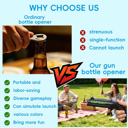 Cap Gun Bottle Opener, 2 Pack Bottle Cap Launcher Shooting Gun, Funny Party Opener for Men, Cool Gadget Present for Him - Blue & Red