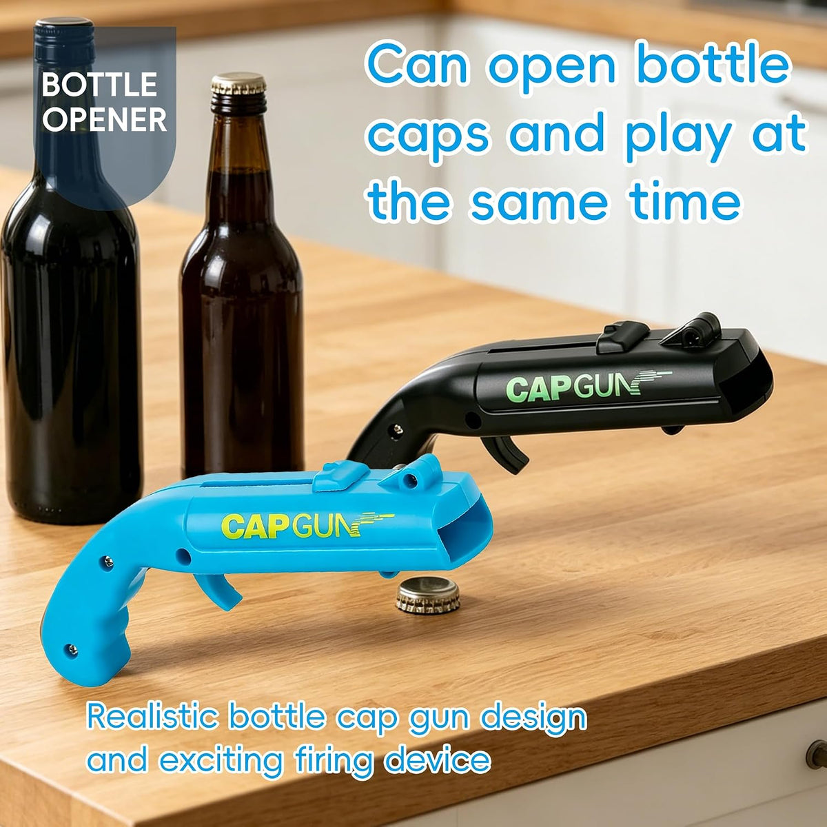 Cap Gun Bottle Opener, 2 Pack Bottle Cap Launcher Shooting Gun, Funny Party Opener for Men, Cool Gadget Present for Him - Blue & Red