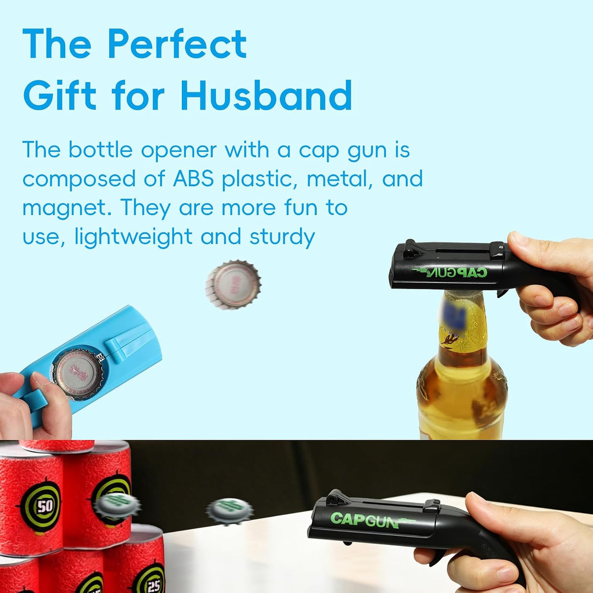 Cap Gun Bottle Opener, 2 Pack Bottle Cap Launcher Shooting Gun, Funny Party Opener for Men, Cool Gadget Present for Him - Blue & Red