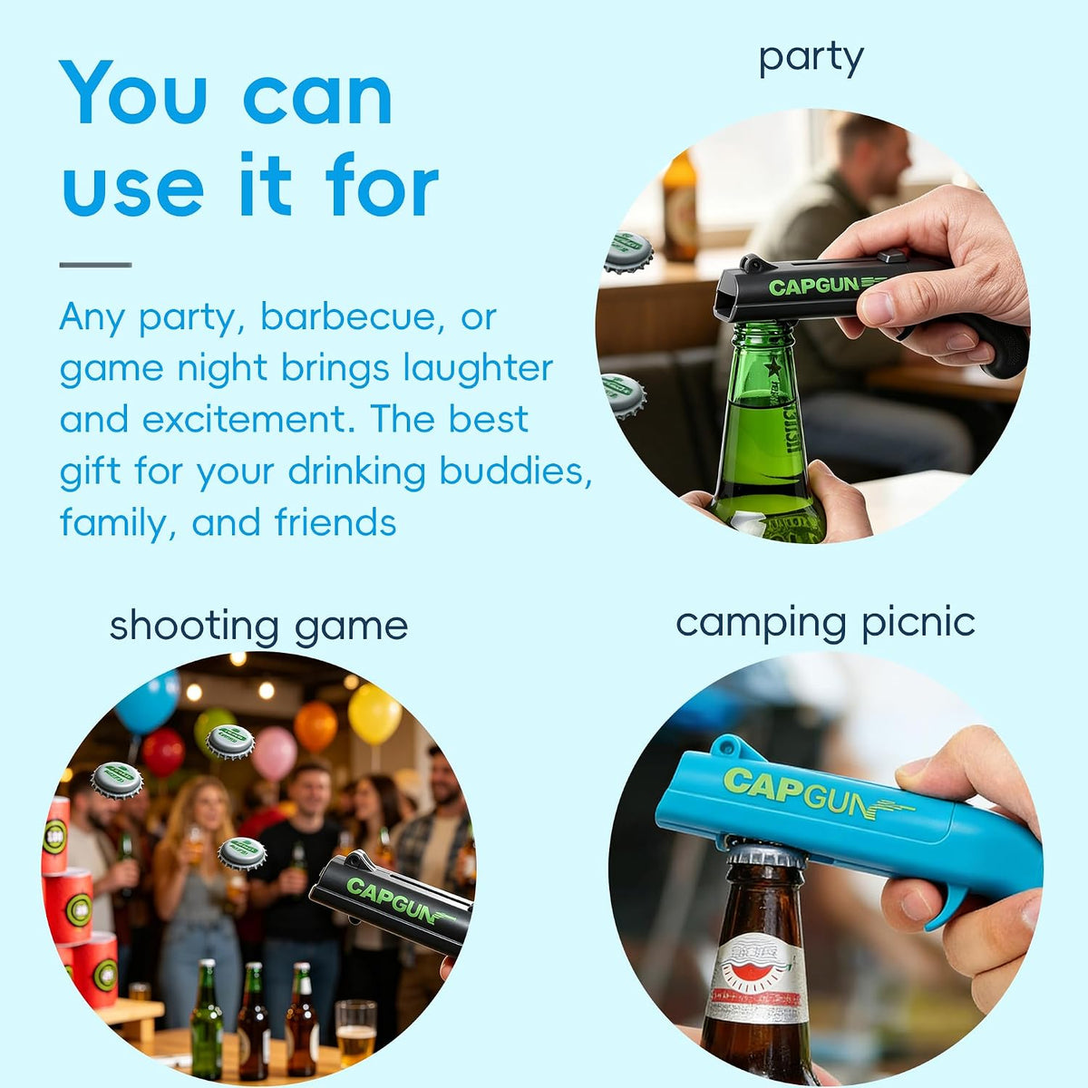 Cap Gun Bottle Opener, 2 Pack Bottle Cap Launcher Shooting Gun, Funny Party Opener for Men, Cool Gadget Present for Him - Blue & Red