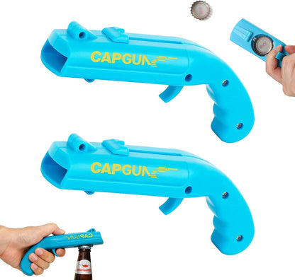 Cap Gun Bottle Opener, 2 Pack Bottle Cap Launcher Shooting Gun, Funny Party Opener for Men, Cool Gadget Present for Him - Blue & Red