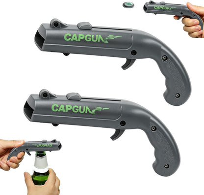 Cap Gun Bottle Opener, 2 Pack Bottle Cap Launcher Shooting Gun, Funny Party Opener for Men, Cool Gadget Present for Him - Blue & Red