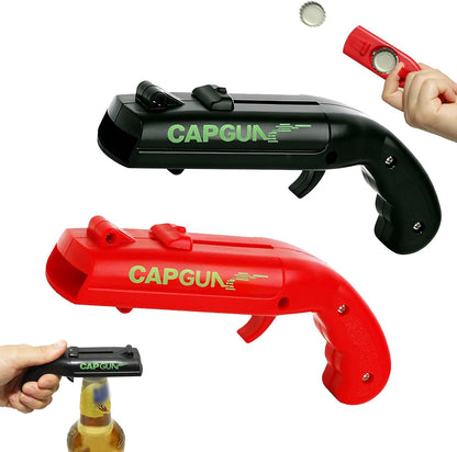 Cap Gun Bottle Opener, 2 Pack Bottle Cap Launcher Shooting Gun, Funny Party Opener for Men, Cool Gadget Present for Him - Blue & Red