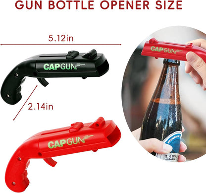 Cap Gun Bottle Opener, 2 Pack Bottle Cap Launcher Shooting Gun, Funny Party Opener for Men, Cool Gadget Present for Him - Blue & Red