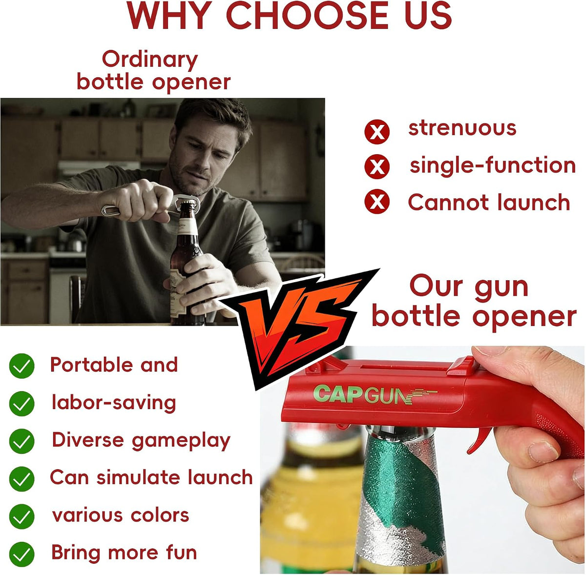 Cap Gun Bottle Opener, 2 Pack Bottle Cap Launcher Shooting Gun, Funny Party Opener for Men, Cool Gadget Present for Him - Blue & Red