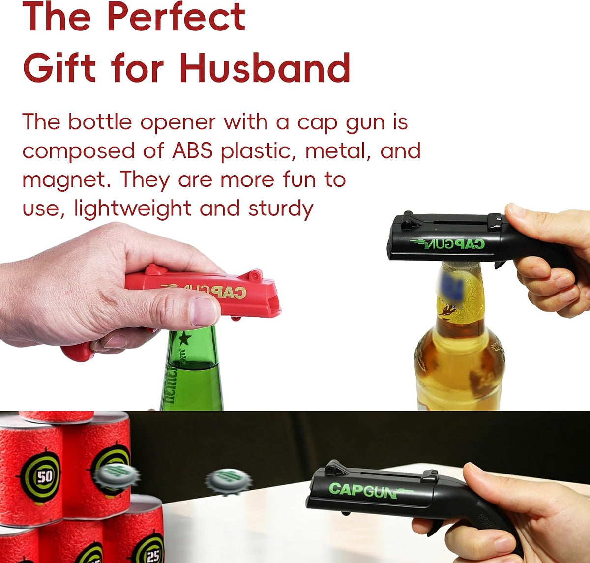 Cap Gun Bottle Opener, 2 Pack Bottle Cap Launcher Shooting Gun, Funny Party Opener for Men, Cool Gadget Present for Him - Blue & Red