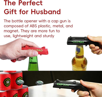 Cap Gun Bottle Opener, 2 Pack Bottle Cap Launcher Shooting Gun, Funny Party Opener for Men, Cool Gadget Present for Him - Blue & Red
