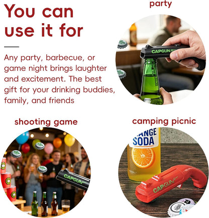 Cap Gun Bottle Opener, 2 Pack Bottle Cap Launcher Shooting Gun, Funny Party Opener for Men, Cool Gadget Present for Him - Blue & Red