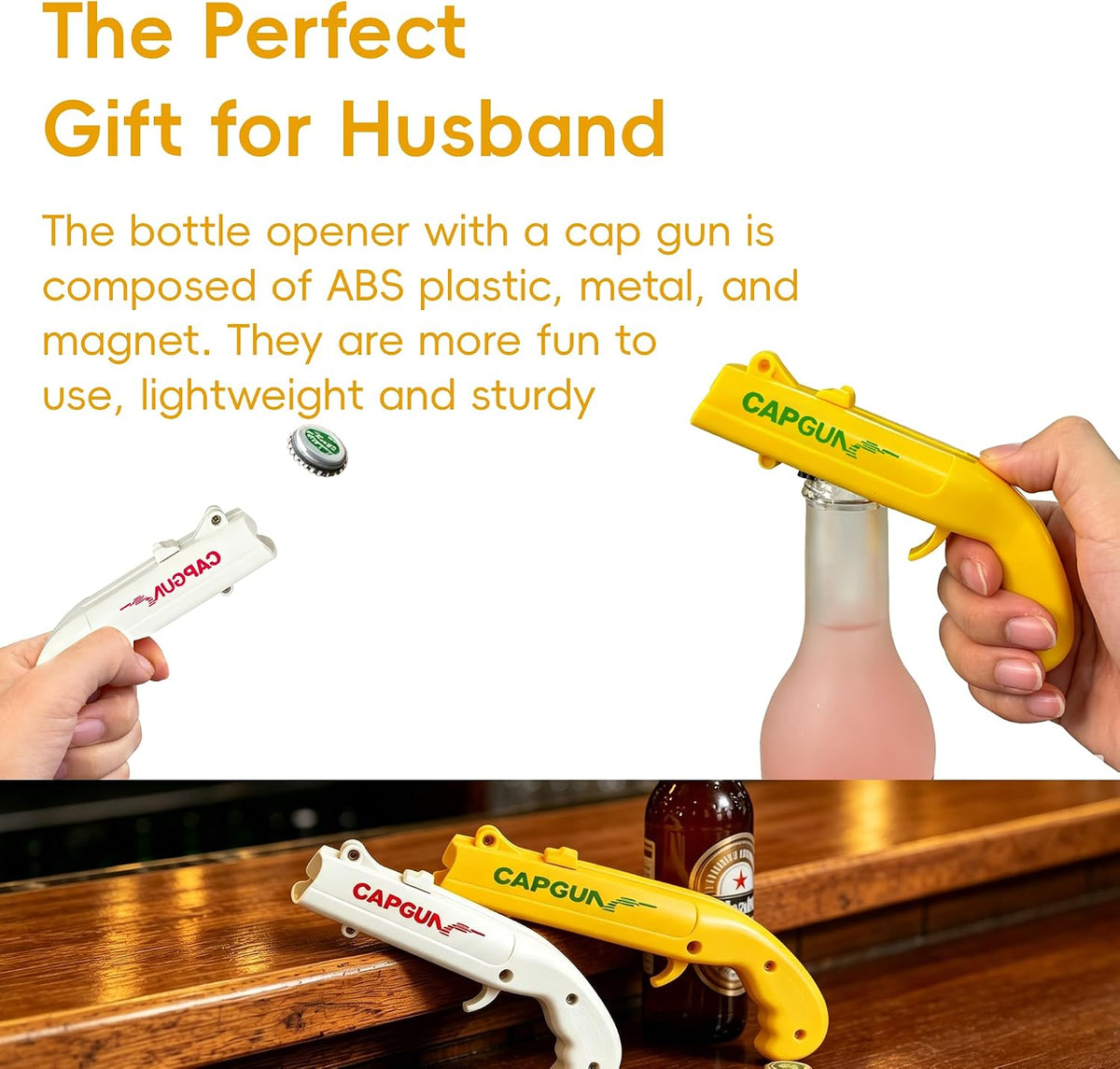 Cap Gun Bottle Opener, 2 Pack Bottle Cap Launcher Shooting Gun, Funny Party Opener for Men, Cool Gadget Present for Him - Blue & Red