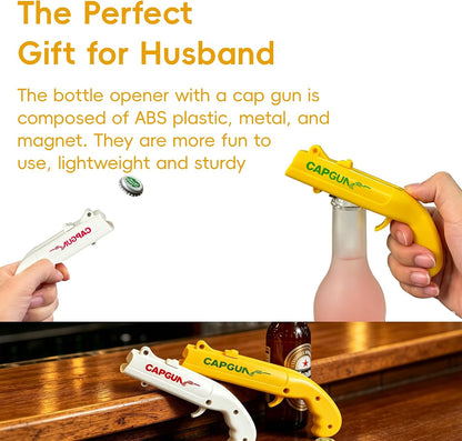 Cap Gun Bottle Opener, 2 Pack Bottle Cap Launcher Shooting Gun, Funny Party Opener for Men, Cool Gadget Present for Him - Blue & Red