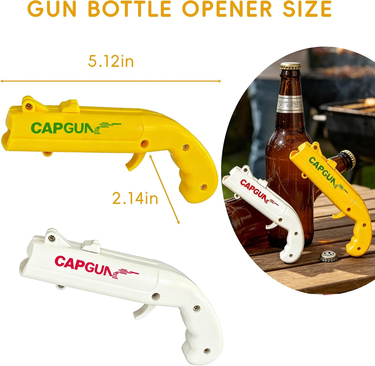 Cap Gun Bottle Opener, 2 Pack Bottle Cap Launcher Shooting Gun, Funny Party Opener for Men, Cool Gadget Present for Him - Blue & Red