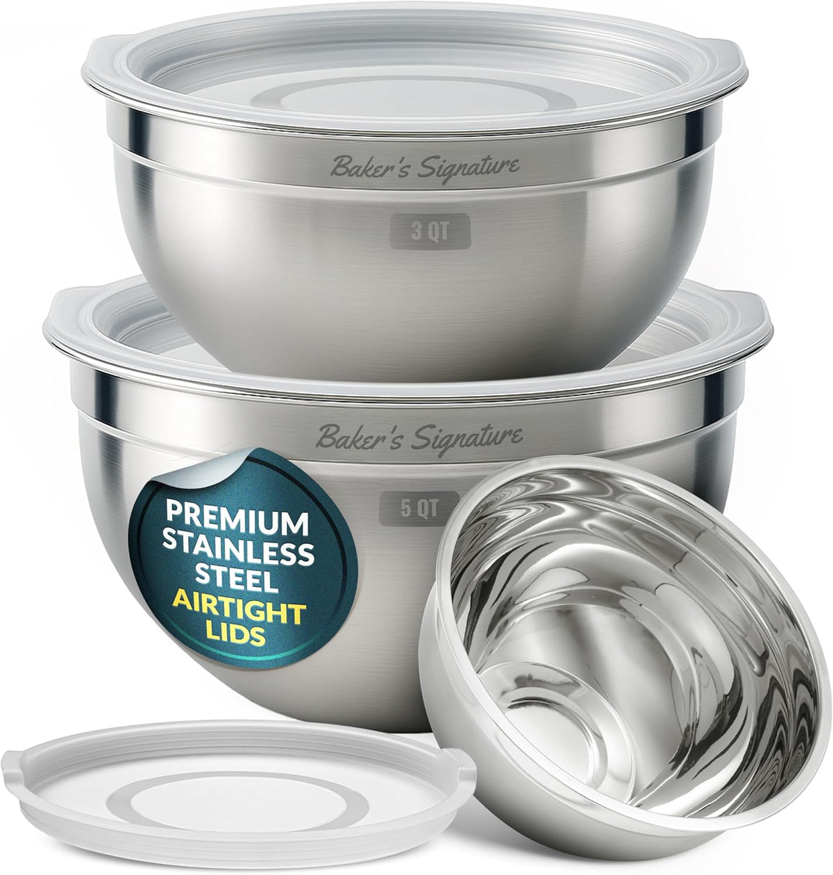 Stainless Steel Mixing Bowls with Lids Set of 3, Nesting Metal, 1.5/3/5 Qt