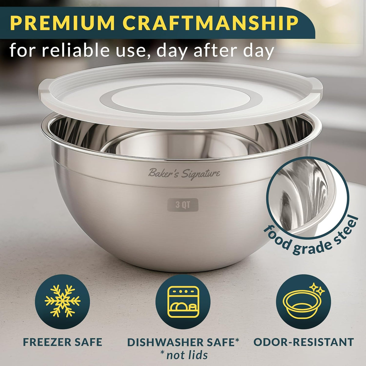 Stainless Steel Mixing Bowls with Lids Set of 3, Nesting Metal, 1.5/3/5 Qt