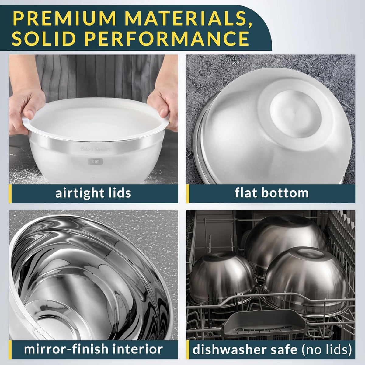 Stainless Steel Mixing Bowls with Lids Set of 3, Nesting Metal, 1.5/3/5 Qt