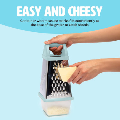 Box Grater with Storage Container & Lid, Multi-Sided Stainless Steel Grater for Fine, Medium, Coarse Shreds & Slicing, Non-Slip Base, Dishwasher Safe, Aqua