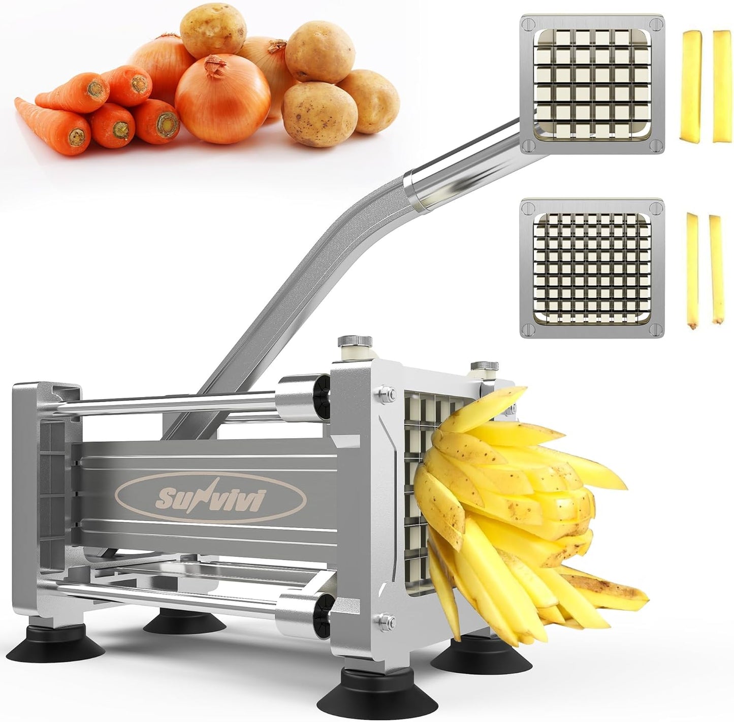 Sunvivi French Fry Cutter Stainless Steel Potato Slicer : with 2 Replaceable blades (1/2 & 3/8 Inch), Professional Fries Cutter for Potatoes, Carrots, Cucumber, Onion, Yam