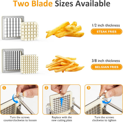 Sunvivi French Fry Cutter Stainless Steel Potato Slicer : with 2 Replaceable blades (1/2 & 3/8 Inch), Professional Fries Cutter for Potatoes, Carrots, Cucumber, Onion, Yam