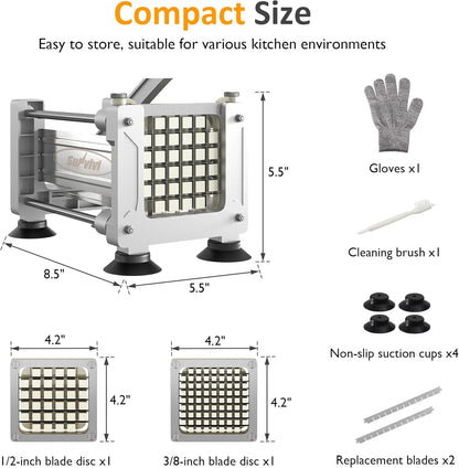 Sunvivi French Fry Cutter Stainless Steel Potato Slicer : with 2 Replaceable blades (1/2 & 3/8 Inch), Professional Fries Cutter for Potatoes, Carrots, Cucumber, Onion, Yam