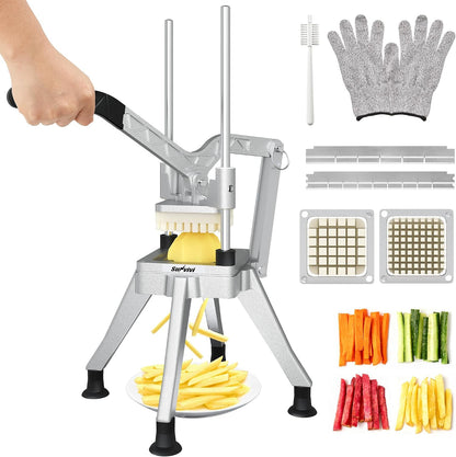 Sunvivi French Fry Cutter Stainless Steel Potato Slicer : with 2 Replaceable blades (1/2 & 3/8 Inch), Professional Fries Cutter for Potatoes, Carrots, Cucumber, Onion, Yam