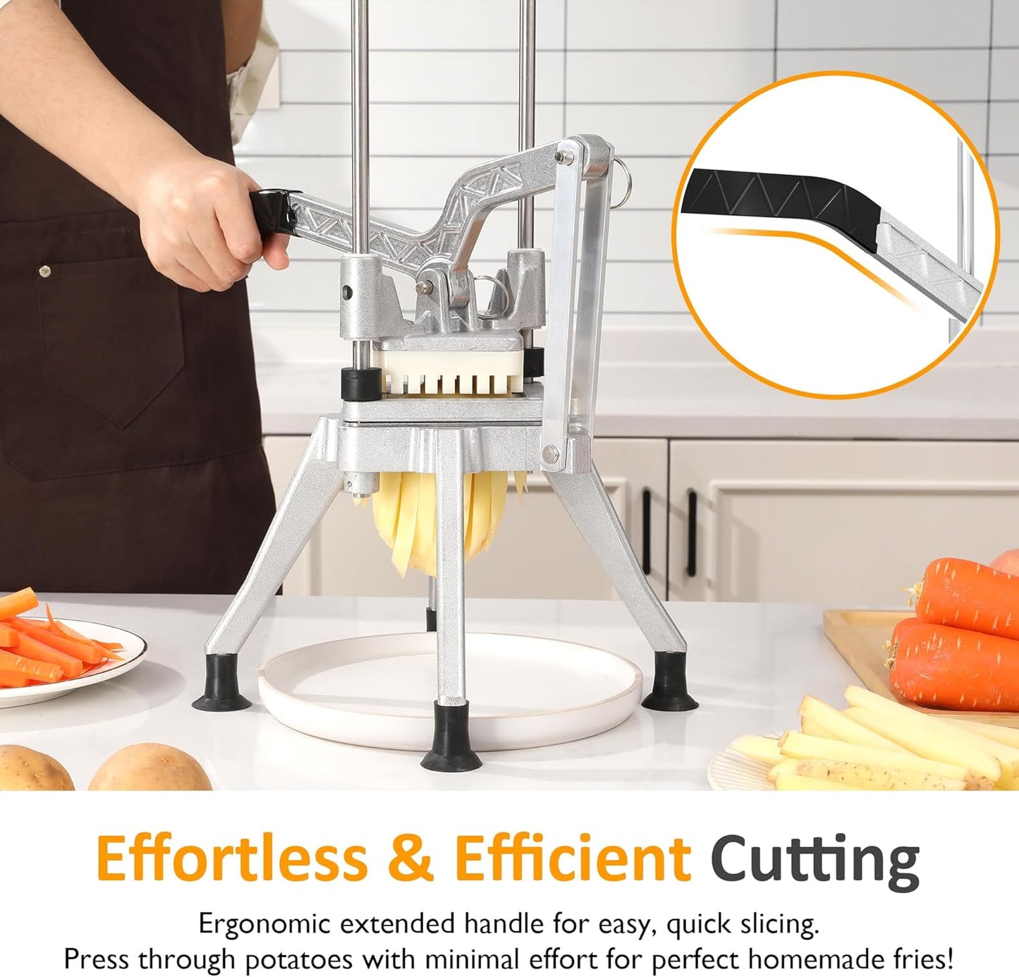 Sunvivi French Fry Cutter Stainless Steel Potato Slicer : with 2 Replaceable blades (1/2 & 3/8 Inch), Professional Fries Cutter for Potatoes, Carrots, Cucumber, Onion, Yam