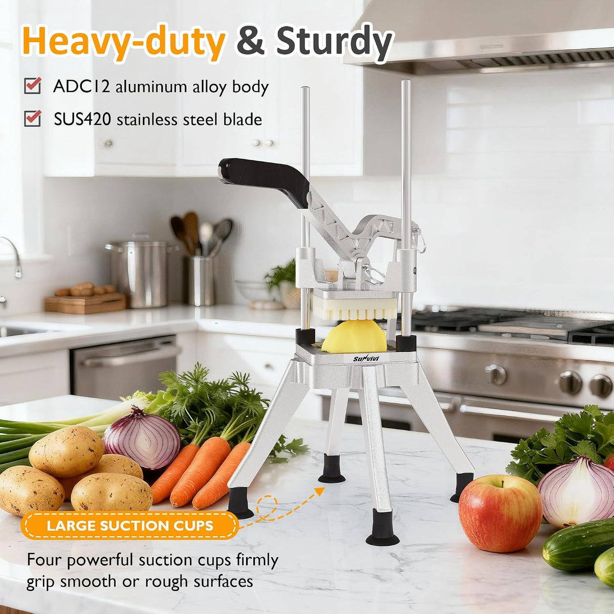 Sunvivi French Fry Cutter Stainless Steel Potato Slicer : with 2 Replaceable blades (1/2 & 3/8 Inch), Professional Fries Cutter for Potatoes, Carrots, Cucumber, Onion, Yam