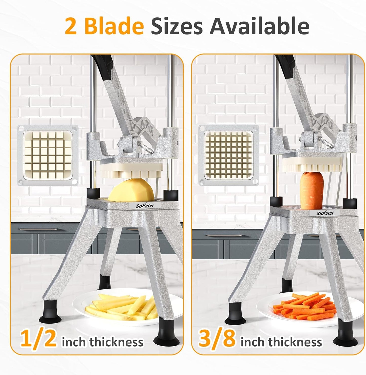 Sunvivi French Fry Cutter Stainless Steel Potato Slicer : with 2 Replaceable blades (1/2 & 3/8 Inch), Professional Fries Cutter for Potatoes, Carrots, Cucumber, Onion, Yam