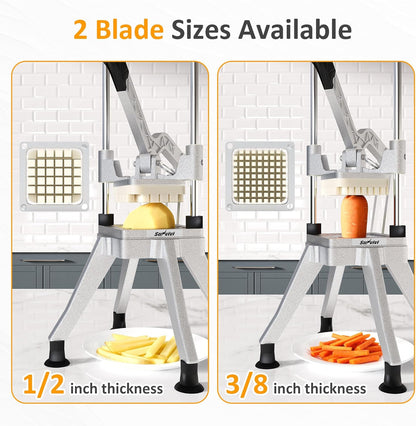 Sunvivi French Fry Cutter Stainless Steel Potato Slicer : with 2 Replaceable blades (1/2 & 3/8 Inch), Professional Fries Cutter for Potatoes, Carrots, Cucumber, Onion, Yam