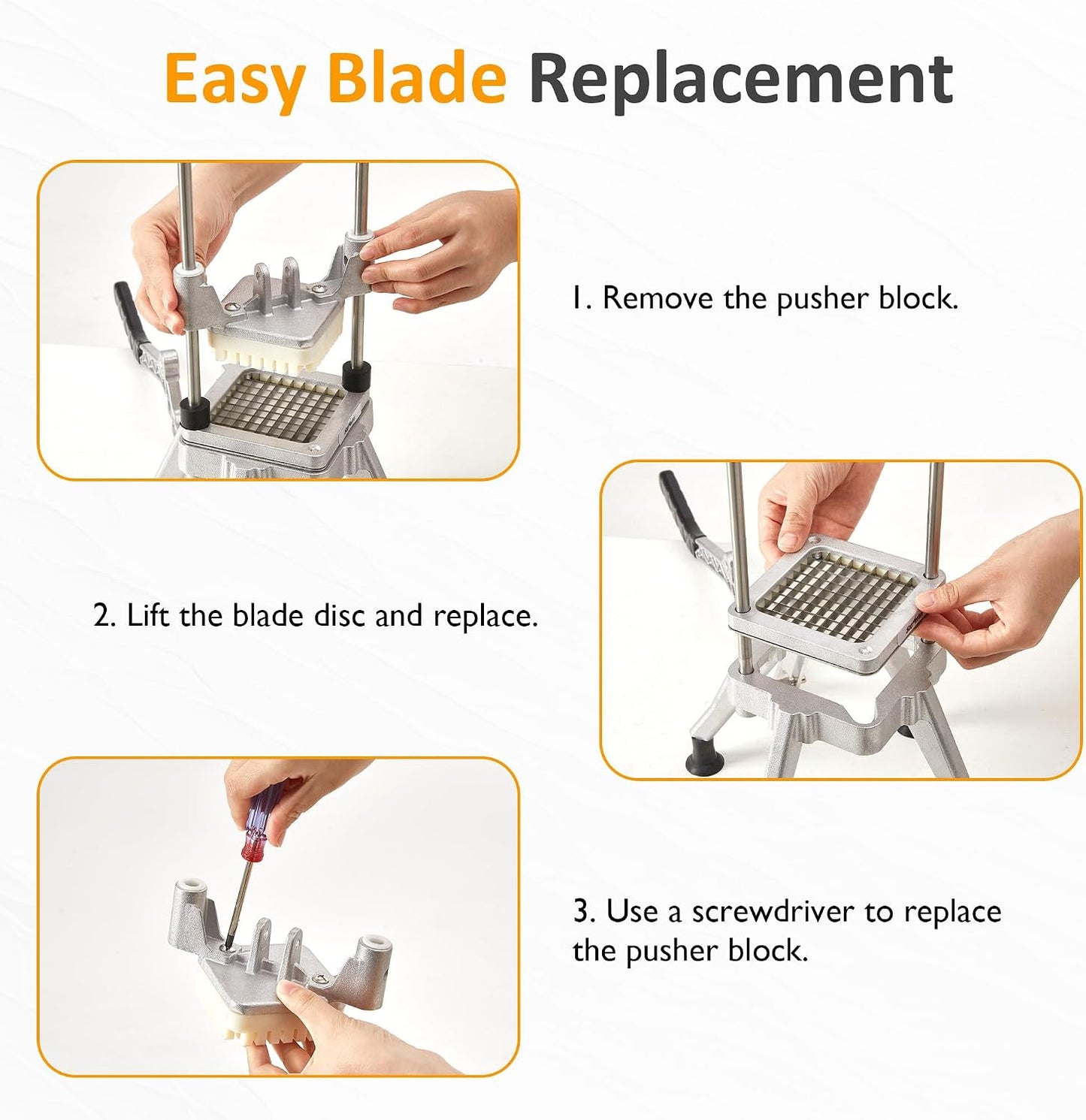 Sunvivi French Fry Cutter Stainless Steel Potato Slicer : with 2 Replaceable blades (1/2 & 3/8 Inch), Professional Fries Cutter for Potatoes, Carrots, Cucumber, Onion, Yam