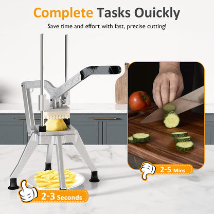 Sunvivi French Fry Cutter Stainless Steel Potato Slicer : with 2 Replaceable blades (1/2 & 3/8 Inch), Professional Fries Cutter for Potatoes, Carrots, Cucumber, Onion, Yam
