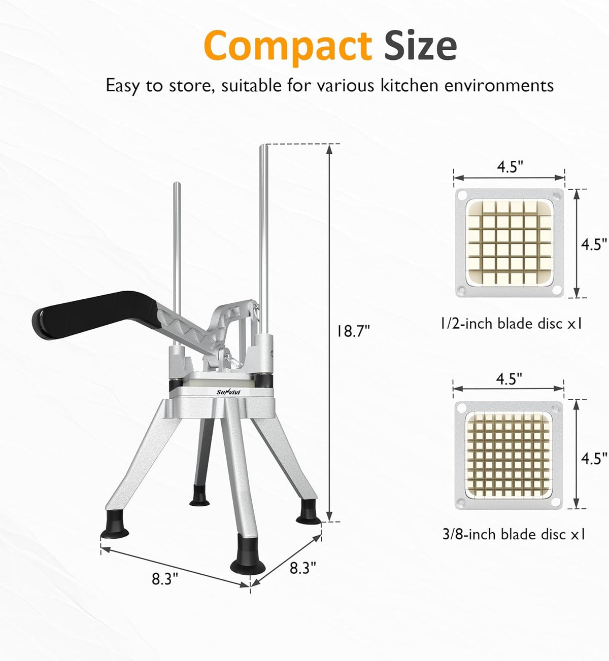 Sunvivi French Fry Cutter Stainless Steel Potato Slicer : with 2 Replaceable blades (1/2 & 3/8 Inch), Professional Fries Cutter for Potatoes, Carrots, Cucumber, Onion, Yam